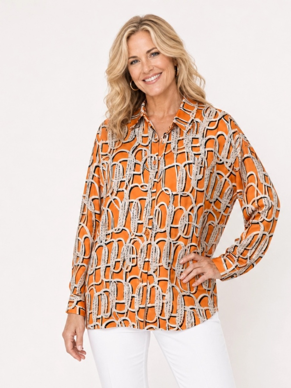 Karl Lagerfeld Paris Orange Chain Print Shirt Blouse Large NWT